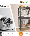 Clear View Clothes Closet With 3 Way Zipper Front showcasing a tidy organized space, contrasting with a cluttered chair on the left.