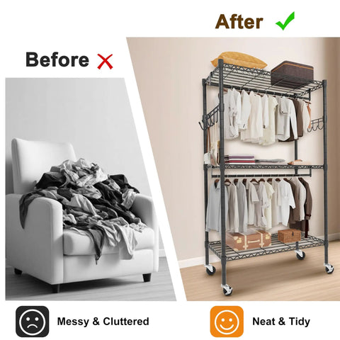 Clear View Clothes Closet With 3 Way Zipper Front showcasing a tidy organized space, contrasting with a cluttered chair on the left.