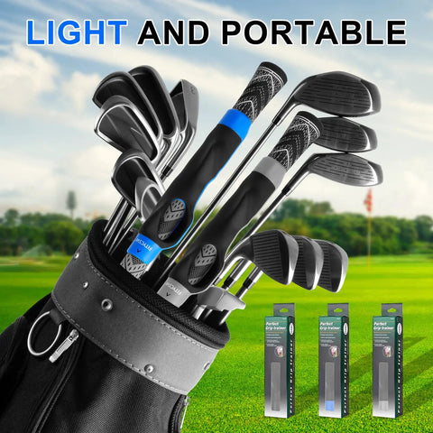 Golf bag with clubs and boxes of Right Handed Golf Grip Trainer For Golfers, Swing Training Aid To Improve Hand Position.