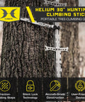 Lightweight 30 Inch Aluminum Tree Climbing Sticks 3 Pack For Secure Ascents To Deer Stands Blinds And Tree Stands With Tree Digger Teeth And Dual Sided Traction, shown on a large tree trunk with packaging details.