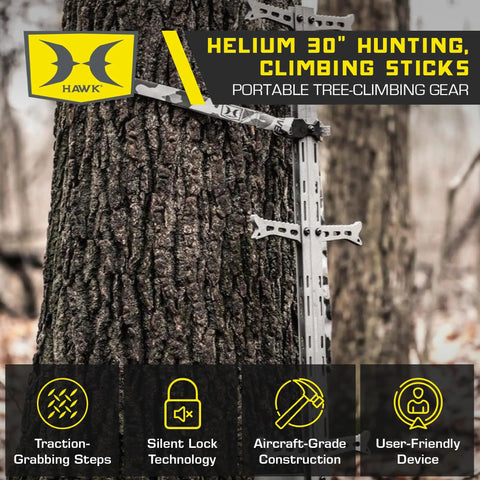 Lightweight 30 Inch Aluminum Tree Climbing Sticks 3 Pack For Secure Ascents To Deer Stands Blinds And Tree Stands With Tree Digger Teeth And Dual Sided Traction, shown on a large tree trunk with packaging details.