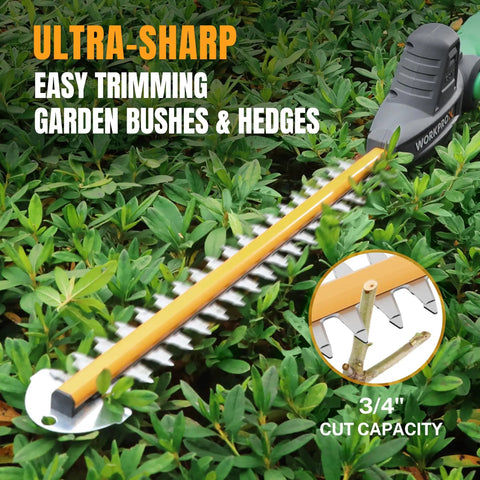 20V Cordless Pole Hedge Trimmer With 9.2 Foot Reach trimming garden bushes with ultra-sharp 3/4 inch cut capacity blade