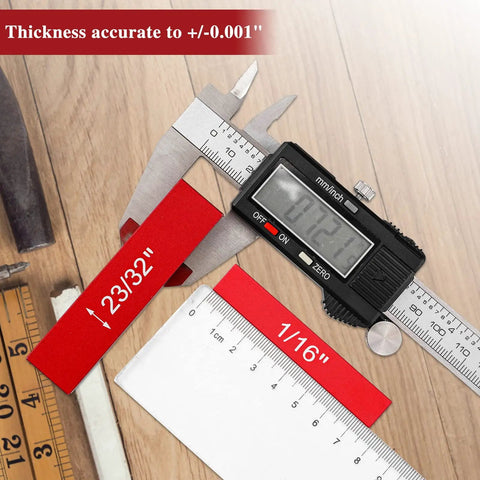 Digital caliper measuring Pro Grade Setup Blocks Height Gauge Set with 15 solid aluminum router table fence bars for woodworking.