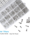 Silver Tiny Electronics Screws Kit 750 Pcs Set With M1 To M1.7 Phillips Pan Head Self Tapping Screws in case
