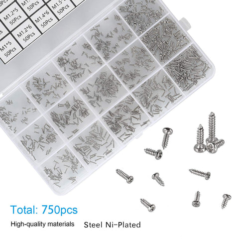 Silver Tiny Electronics Screws Kit 750 Pcs Set With M1 To M1.7 Phillips Pan Head Self Tapping Screws in case