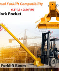 Heavy Hitter 6600Lb Telescopic Forklift Boom Attachment With Dual Hooks And Pivoting Jib Extends To 12 Ft Reach showing fork pocket dimensions.