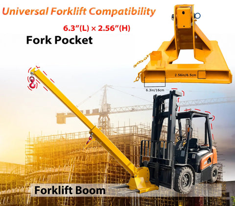 Heavy Hitter 6600Lb Telescopic Forklift Boom Attachment With Dual Hooks And Pivoting Jib Extends To 12 Ft Reach showing fork pocket dimensions.