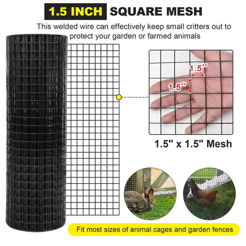 36 Inch By 50 Foot 16 Gauge Vinyl Coated Welded Hardware Cloth Mesh For Fence Garden And Home Improvement Projects Tough As Nails Built To Last With Rust Resistant Galvanized Steel And Double Coating Easy To Cut With Scissors Black Finish shown rolled with 1.5 inch square mesh detail.