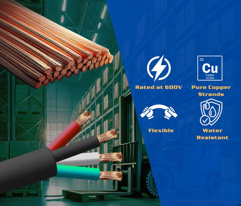 Cross-section view of Heavy Duty 6 AWG 4 Conductor SOOW Portable Power Cable Black 10 Feet highlighting copper strands and features.