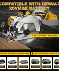 Pro Grade 5 1 2 Inch Cordless Circular Saw With Brushless Motor And 6500 Rpm compatible with Dewalt 20V battery on a wooden surface.