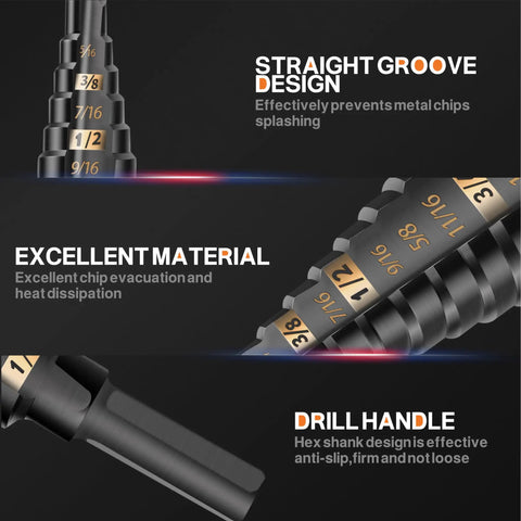 Heavy Duty Step Drill Bit Set 5 Piece Industrial Grade Unibit Kit With 3 Flat Shank High Speed Steel Black Oxide details