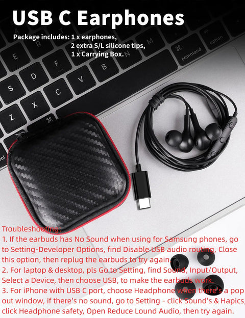 USB C Earbuds With Microphone For S26 S25 S24 A16 A17 And Pixel And iPhone Magnetic In Ear Type C Earphone With Volume Control Bass Boost Stereo Sound Noise Canceling Wired Headphones For Everyday Use placed on laptop with carrying case and silicone tips