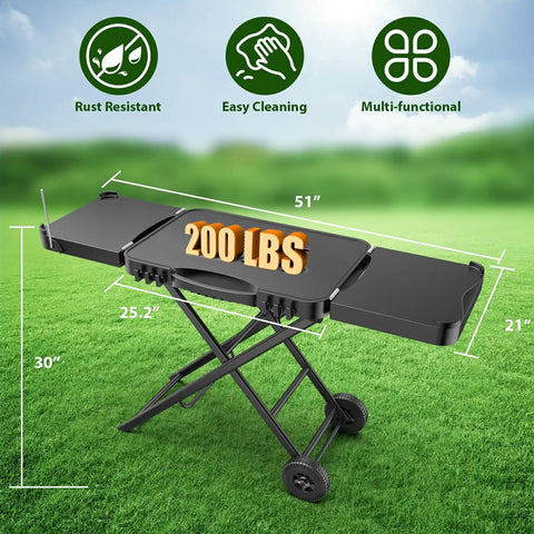 Portable Indoor Grill Table Stand For Ninja Woodfire OG701 OG850 OG951 Series 51 Inch Wide Folding Tailgating Table With 2 Wheels