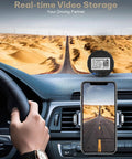Car dashboard showing real-time video storage app with phone mount, illustrating easy monitoring while driving.