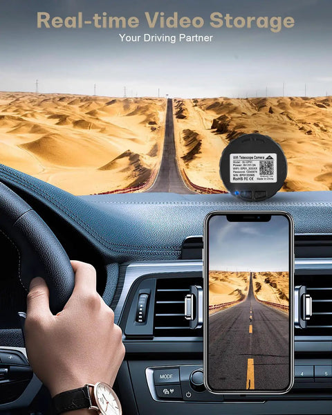 Car dashboard showing real-time video storage app with phone mount, illustrating easy monitoring while driving.