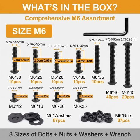 All In One M6 10.9 Grade Alloy Steel Hex Socket Bolts Nuts Washers Kit 261-Piece Fastener Set with 8 Bolt Sizes Diagram