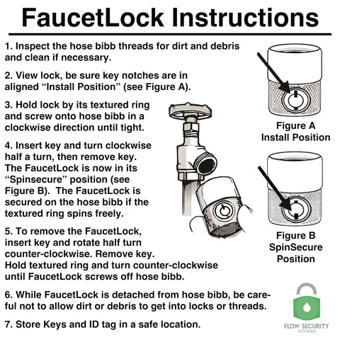 FaucetLock Heavy Duty Brass Faucet Lock installation instructions with diagrams, key usage, and secure positioning guide.