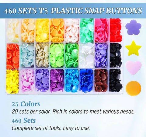 No Sew Snap Button Kit With Pliers Set 460 Sets T5 Plastic Snaps 23 Colors for Clothing Diapers Bibs Rain Coats and Craft Projects