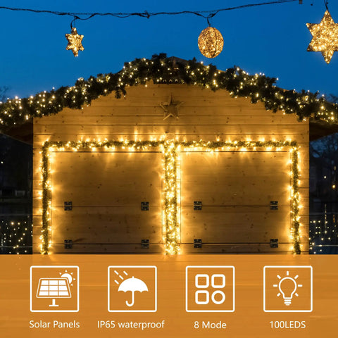 Outdoor Solar String Lights 39Ft 100 LED With 8 Modes Waterproof Warm White decorating a wooden shed at night