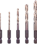 5-Piece M35 Cobalt HSS Left Hand Drill Bit Set With 1/4 Inch Hex Shank For Screw Extractors In SAE Sizes in beefy storage case