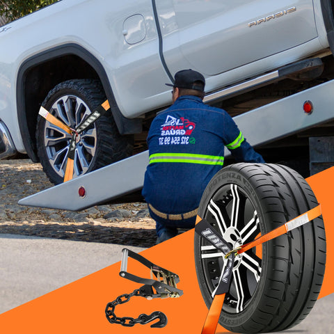Four Pack 2 Inch by 96 Inch Orange Car Tie Down Straps for Trailers With Heavy Duty Chain Anchors, 3300 Lb Safe Working Load