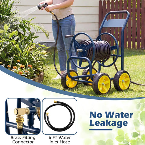 Must Have Heavy Duty Garden Hose Reel Cart With Four Solid Wheels Mobile Water Hose Cart That Holds Up To 330 Ft Of 5/8 Inch Hoses Durable Metal Frame Easy Maneuver For Lawn And Backyard Navy Blue being used in a garden.