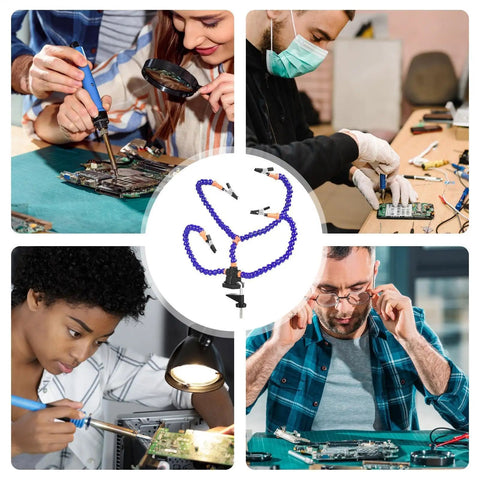 No Sweat Hella Solid Third Hand Soldering Helper With Four Bendable Upright Arms and Tough Silicone Alligator Clips in use during electronics repair.