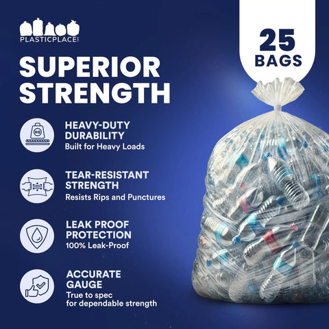 Heavy Duty 95 To 96 Gallon Clear Trash Bag Liners 1.5 Mil Thick Jumbo Rollaway Bin Sacks Tough For Heavy Yard Debris And Commercial Waste, 25 bags