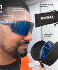 Badass Semi Frameless Safety Glasses With Ansi Z87 Certified Features Rock Solid Polarized Blue Mirrored Lenses And Dang Good Uv Shielding For Tough Industrial Jobs And Construction Sites Sold In A Bulk Pack Of Forty Eight Pair, shown with pouch and case.