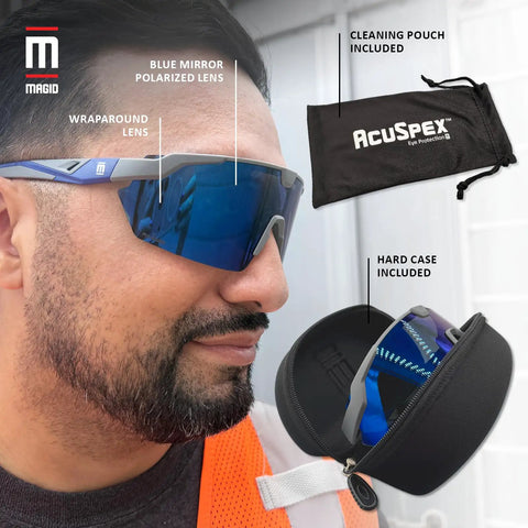 Badass Semi Frameless Safety Glasses With Ansi Z87 Certified Features Rock Solid Polarized Blue Mirrored Lenses And Dang Good Uv Shielding For Tough Industrial Jobs And Construction Sites Sold In A Bulk Pack Of Forty Eight Pair, shown with pouch and case.