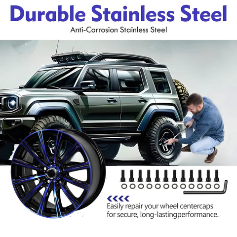 Person using 12 Pack Wheel Center Cap Screws With Adapter Tool For 1001 63 B 1001 63B 1001 63GB on a vehicle wheel.