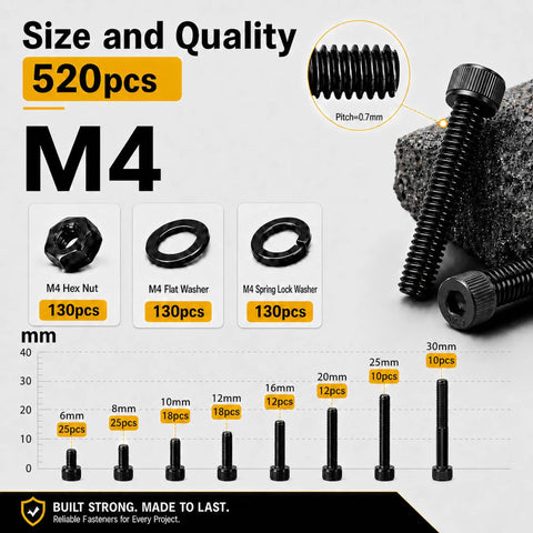 Go To M4 Screws Kit With Eight Lengths 6 8 10 12 16 20 25 30mm Hex Socket Head Bolts Nuts And Washers 12.9 Grade Alloy Steel