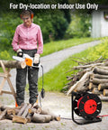 Person using chainsaw with Portable Extension Cord Storage Reel With Hand Crank, 15 Amp Overload Switch, Four Outlets, Holds Cord