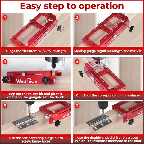 Step-by-step guide showing Pro Grade Aluminum Door Hinge Template Kit For Routers with red durable parts and setup instructions