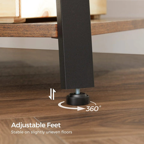 Adjustable feet on Dope Industrial Coat Rack With Three Shelves And Hooks For Scarves Bags And Umbrellas, stable on uneven floors