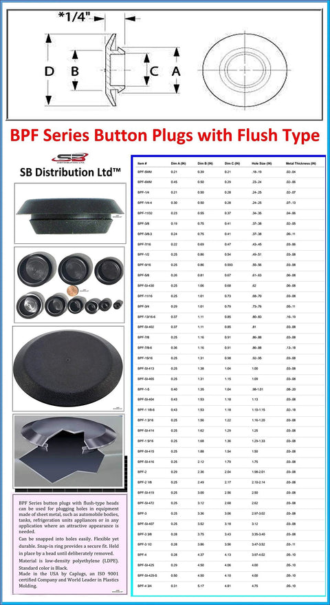 2 Inch Flush Mount Black Polyethylene Hole Plug For Sheet Metal For 2 Inch ID Holes Panel Thickness 0.03 To 0.08 Inches Head Diameter 2 3/8 Inches Overall Height 0.29 Inches Pack Of 10 displayed with diagram and dimensions.