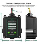 Front and side view of 36,000 Amp Whole House Surge Protector for 120/240V, black plastic housing, compact design with dimensions