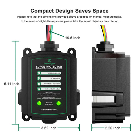 Front and side view of 36,000 Amp Whole House Surge Protector for 120/240V, black plastic housing, compact design with dimensions