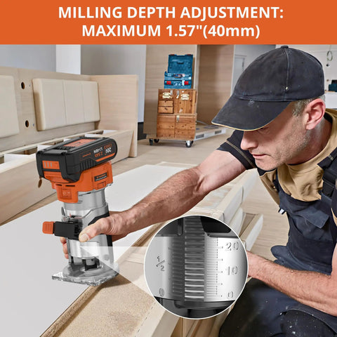Cordless Wood Router With Brushless Motor, Six Speed Settings From Ten Thousand To Thirty Thousand RPM, 2.5Ah Battery, No-Cord Handy Pocket-Size Trimmer Tool With 1/4-Inch And 3/8-Inch Collets, Great For Detail Work And Cabinet Making, depth gauge on cabinet panel