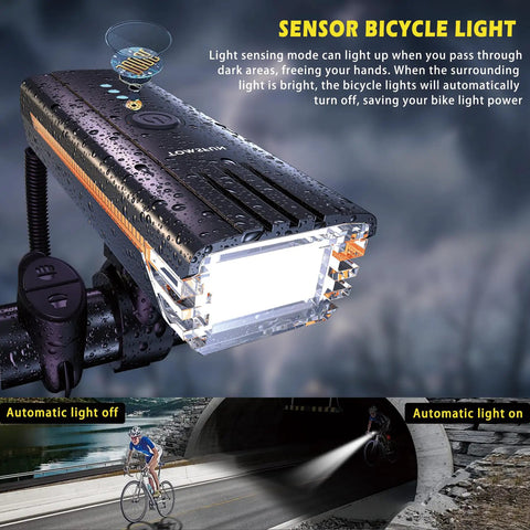 Close-up of USB C Rechargeable Bike Lights With Built In 120 dB Horn, showing LED headlight and sensor features.