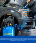 10 Gallon Oil Free Portable Vertical Electric Air Compressor providing no sweat 150 PSI maximum output in use for tire inflation.