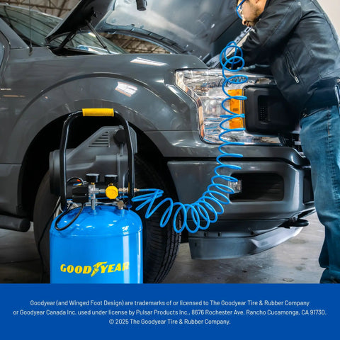 10 Gallon Oil Free Portable Vertical Electric Air Compressor providing no sweat 150 PSI maximum output in use for tire inflation.