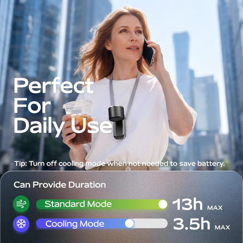 Woman using Portable Handheld Fan With Ice Cooling Tech, 5 Speed Turbo Personal Mini Fan, USB Rechargeable in urban setting.