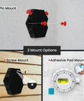 Multi Surface Laser Level With Wall Mount And Pins Or Sticky Pads, showing 3 mount options: pin, screw, adhesive pad