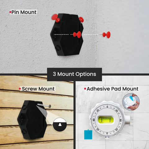 Multi Surface Laser Level With Wall Mount And Pins Or Sticky Pads, showing 3 mount options: pin, screw, adhesive pad