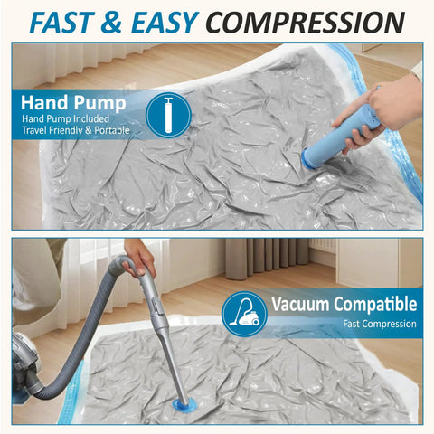 Vacuum Storage Bags 80 Percent Compression Space Saver for Clothes, Blankets, Pillows, and Bedding using hand pump and vacuum