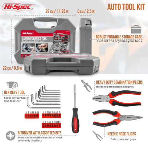 67 Piece SAE Auto Mechanic Tool Kit For Cars And Motorcycles With Sockets Ratchet Wrench Pliers And More Ideal For Garage Repairs And Quick Fixes That Holds Up In A Busy Shop displayed with storage case and tools.