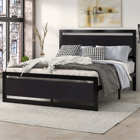 Kick Back On This Heavy Duty Queen Bed Frame With Modern Headboard And Black Steel Platform in a stylish bedroom setup.
