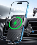 Wireless Car Charger Mount With Auto Clamping And 15W Fast Charging For IPhone 17 mounted on car air vent, charging with adapter.
