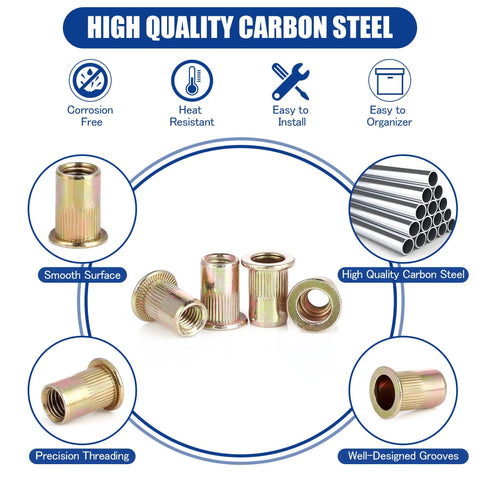 915 Piece Rivet Nut Kit With Metric Threaded Rivnuts M3 Through M12, zinc plated carbon steel, corrosion resistant, smooth surface